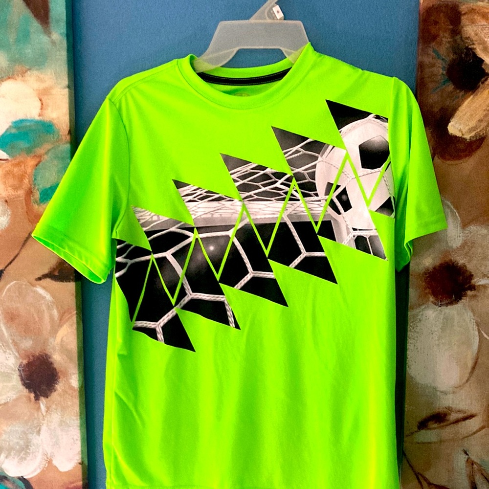 Bright green soccer drifit shirt.